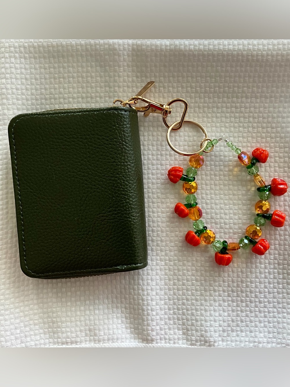 Handmade Red Pumpkin Bead Keychain with Gold Hardware
